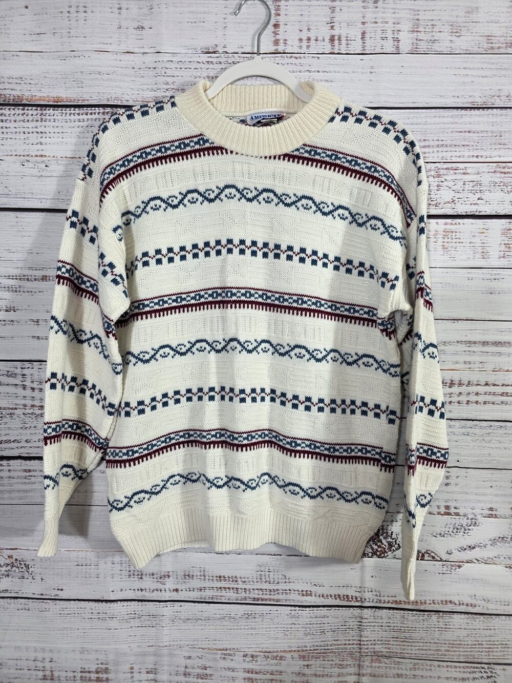 VTG American Pride Sweater Large Made in USA 90s Cream Knit Pullover Geometric